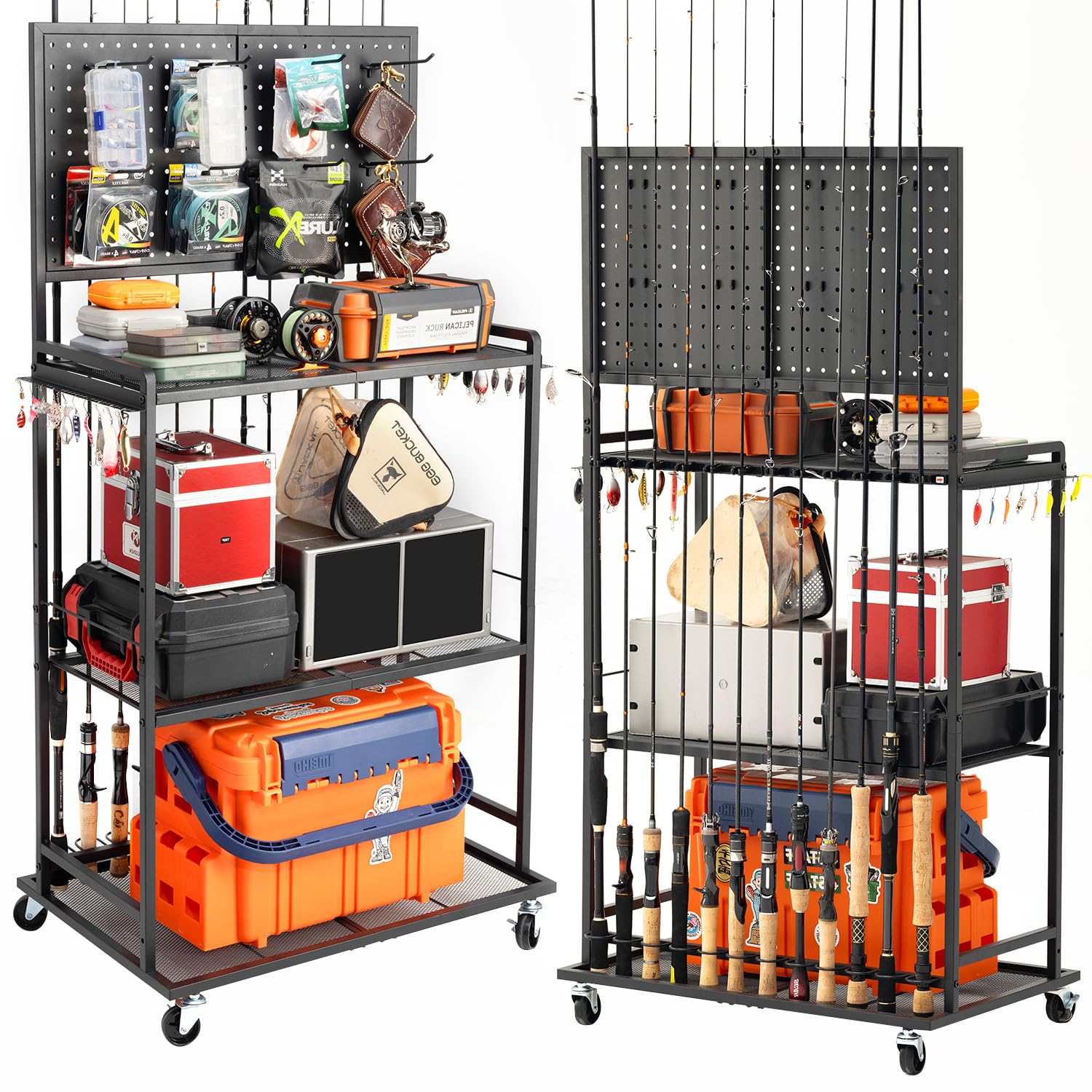 Overall garage organization featuring the SOYEEZE rod holder cart