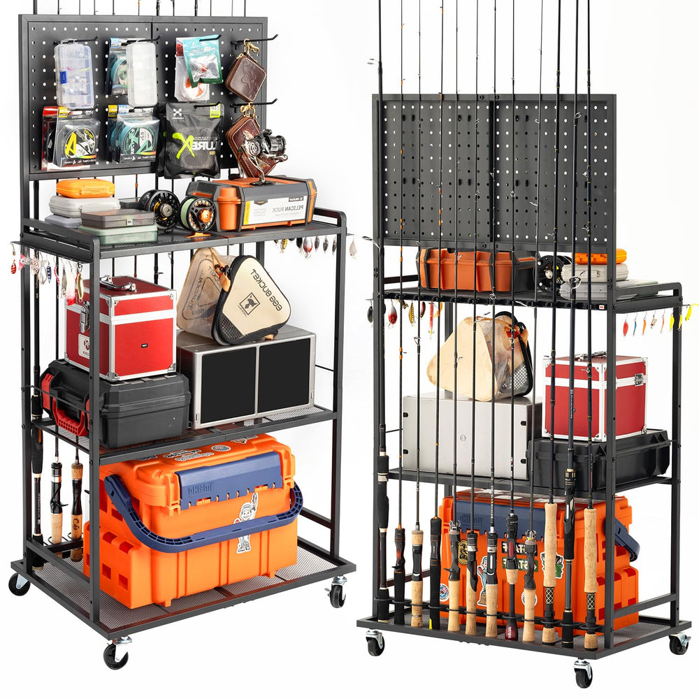 Overall garage organization featuring the SOYEEZE rod holder cart