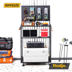 Pegboard panels with eight repositionable hooks on the cart