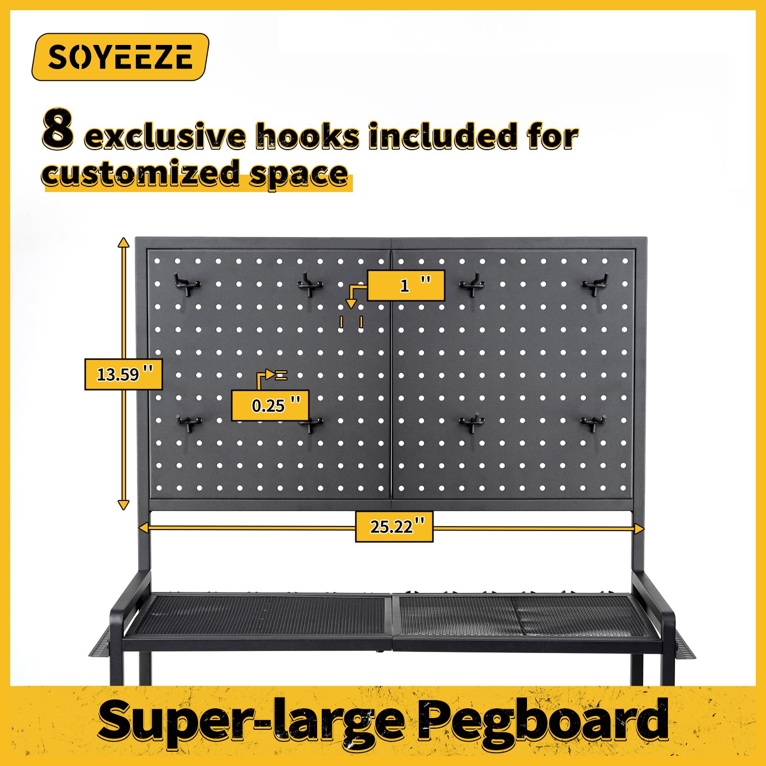 SOYEEZE pegboard with repositionable hooks customizes gear layout.