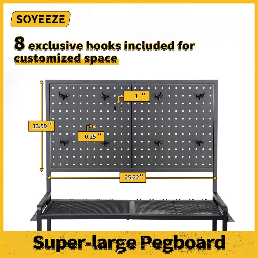 SOYEEZE pegboard with repositionable hooks customizes gear layout.