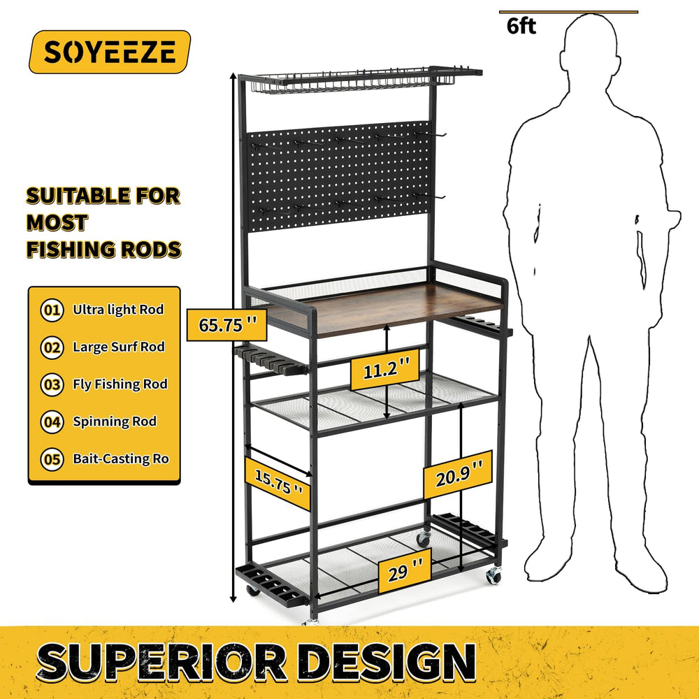 SOYEEZE pegboard with hooks enables quick tool and lure access