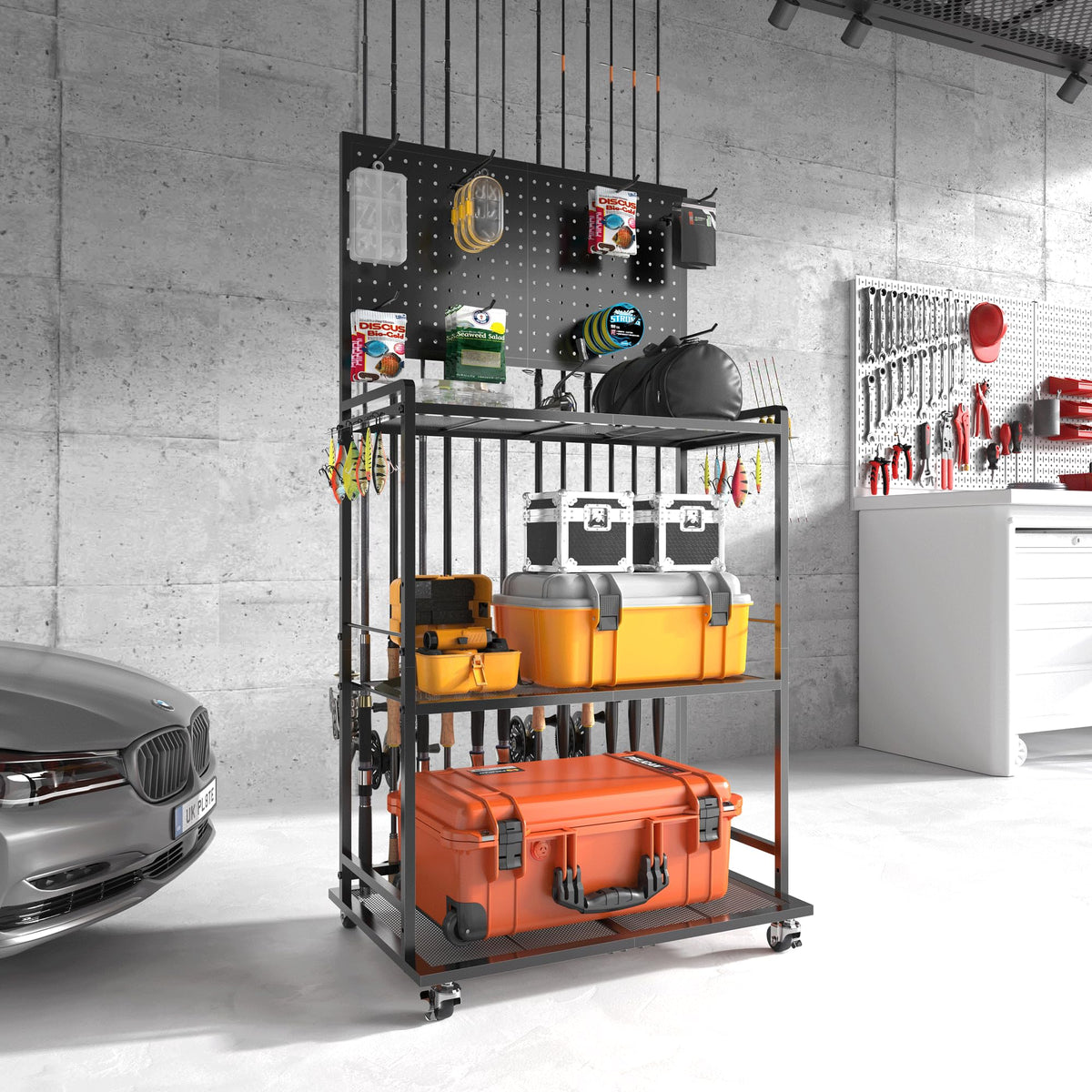 SOYEEZE 3-Tier Fishing Rod Holder Cart angled view