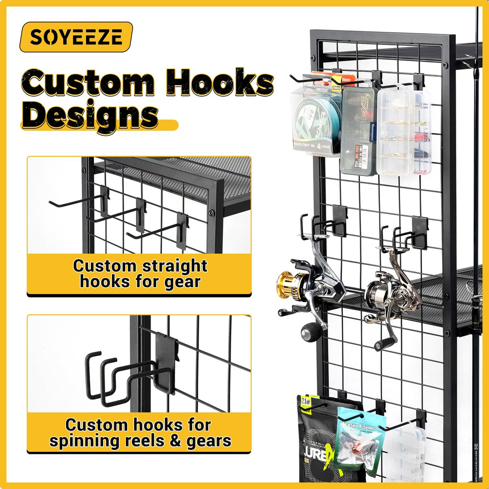 Rack shows hold capacity up to 12 rods (spinning, trolling, fly, casting)