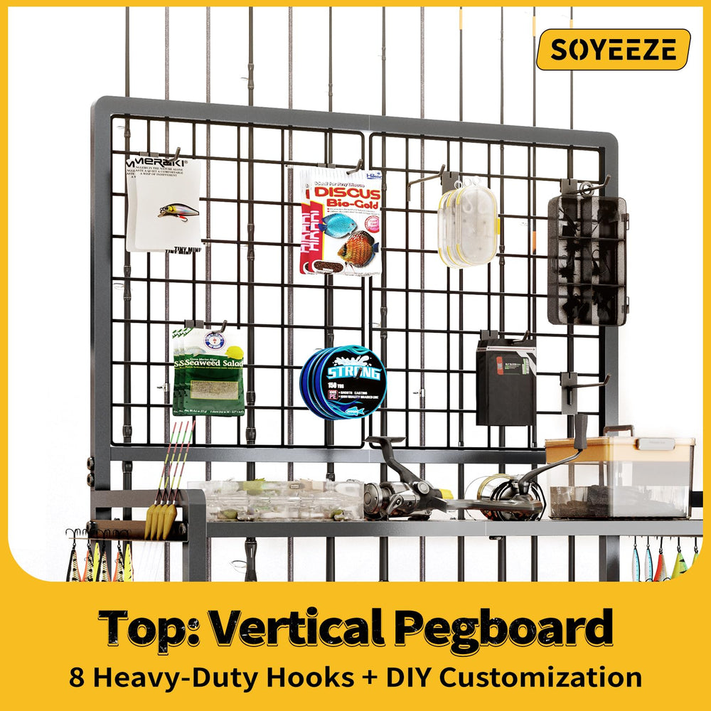 Side lure panel on rod rack for quick access during rigging.
