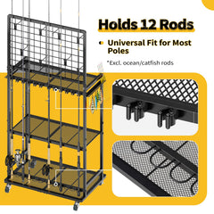 Top pegboard with rust-proof hooks for lures and tools.