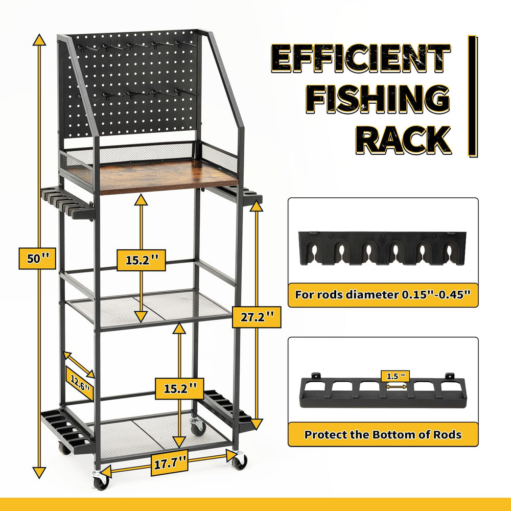 12-rod storage clips (6 per side) on a rolling rack