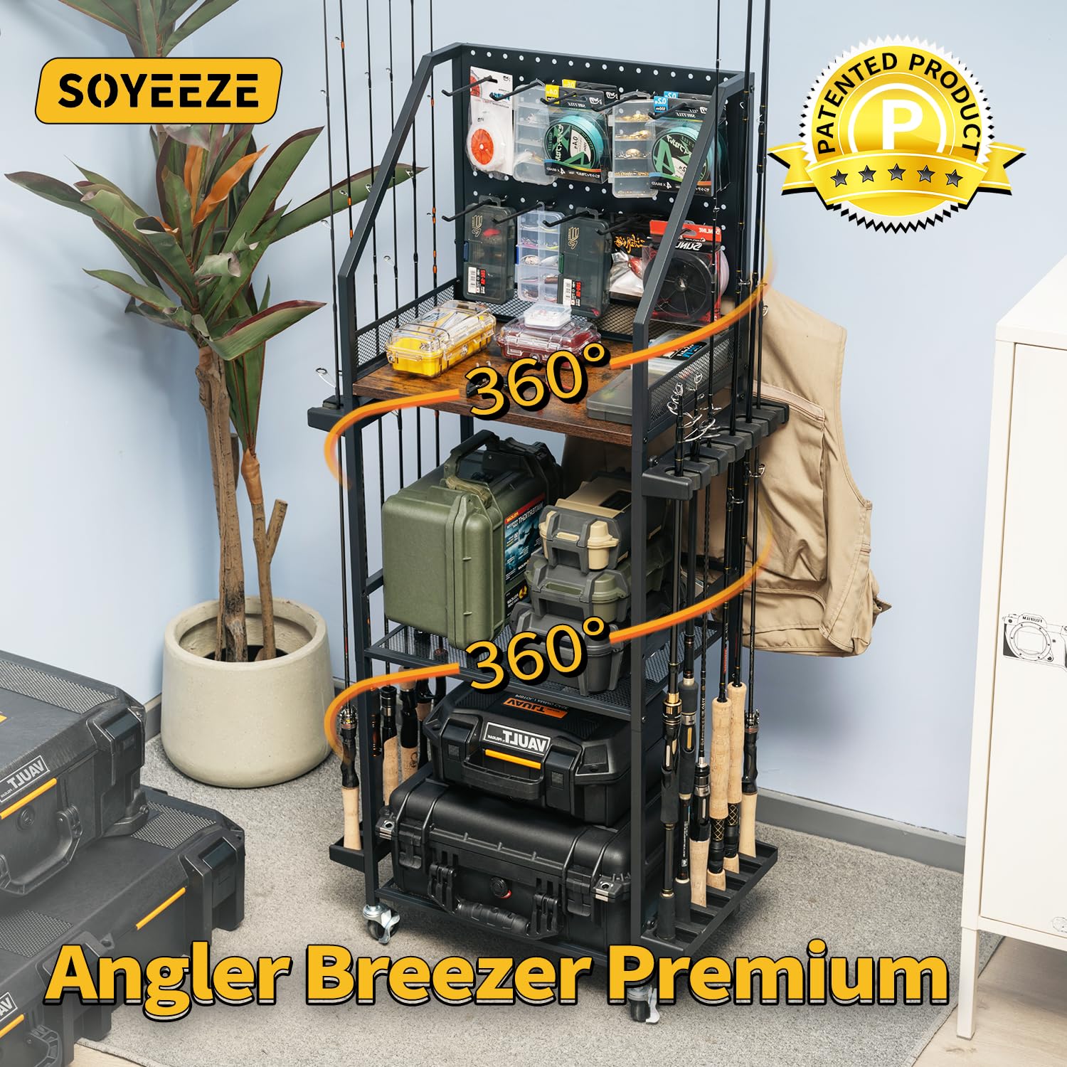 SOYEEZE 3-tier fishing rod holder in a tidy garage setup
