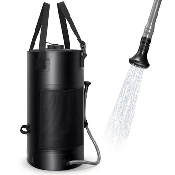 SPACEREST solar shower bag shows 5-gallon capacity for multiple outdoor showers