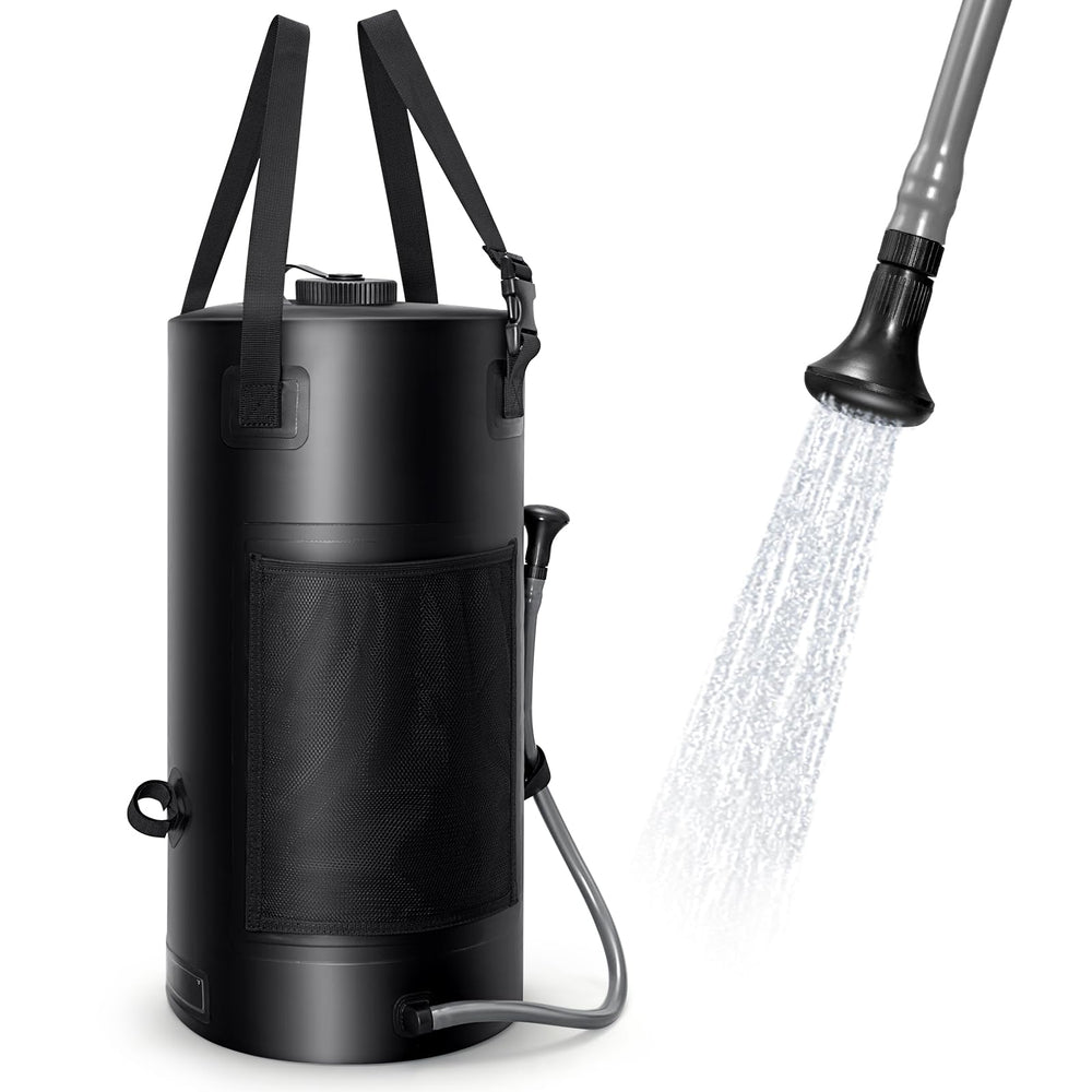 SPACEREST solar shower bag shows 5-gallon capacity for multiple outdoor showers