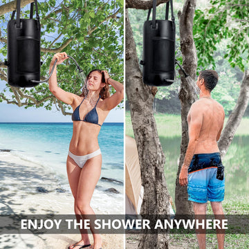 SPACEREST solar shower bag packs compactly in a mesh bag for travel readiness