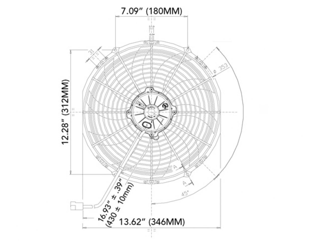 Spal 30102044 housing with 360mm by 345mm footprint for compact installations.