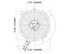 Spal 30102044 housing with 360mm by 345mm footprint for compact installations.