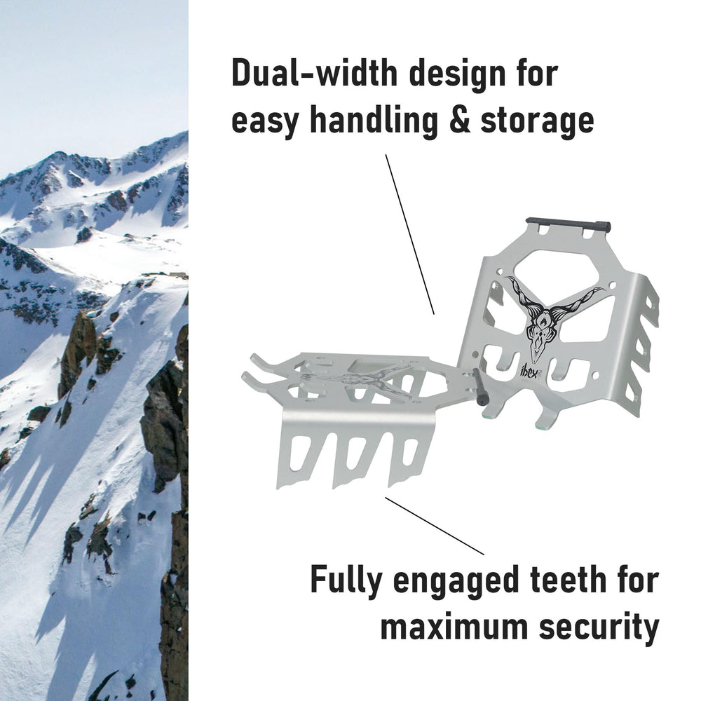 Spark R&D Ibex ST crampons with fully engaged teeth provide reliable grip on icy terrain.