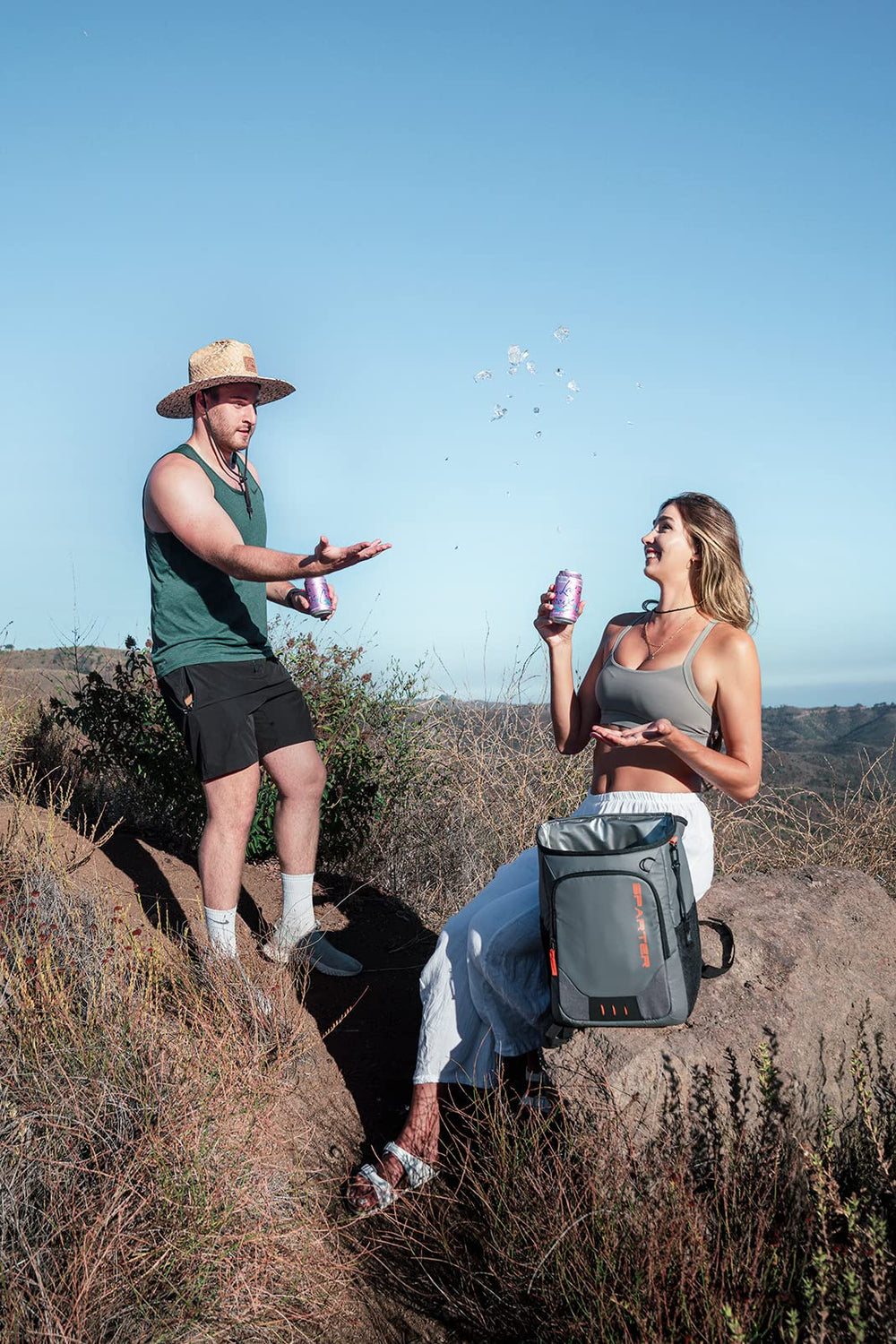 SPARTER backpack cooler lifestyle scene at beach and hiking adventures
