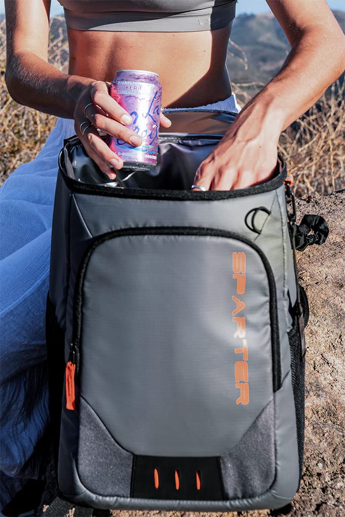 SPARTER backpack cooler measures 17 inches tall and fits up to 33 cans