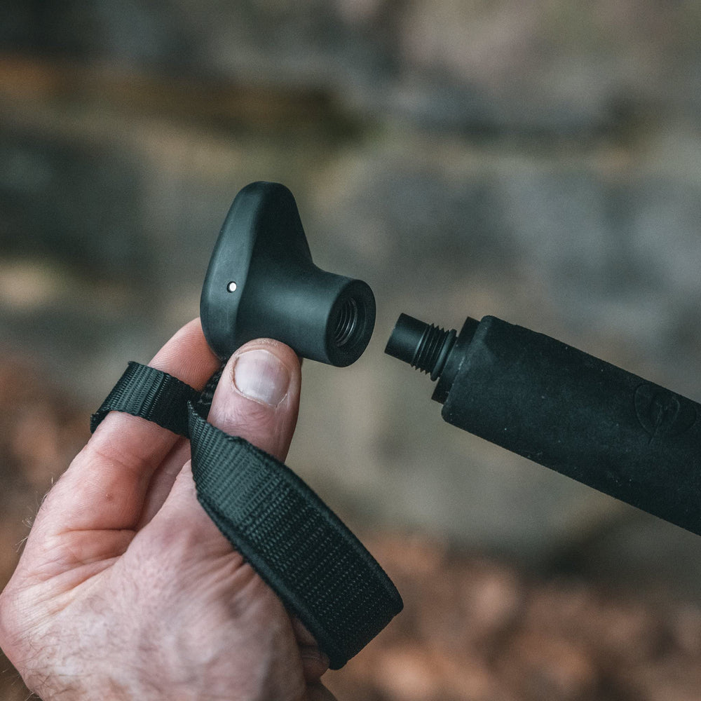 Spartan Javelin handle attached to tripod for quick trekking use.