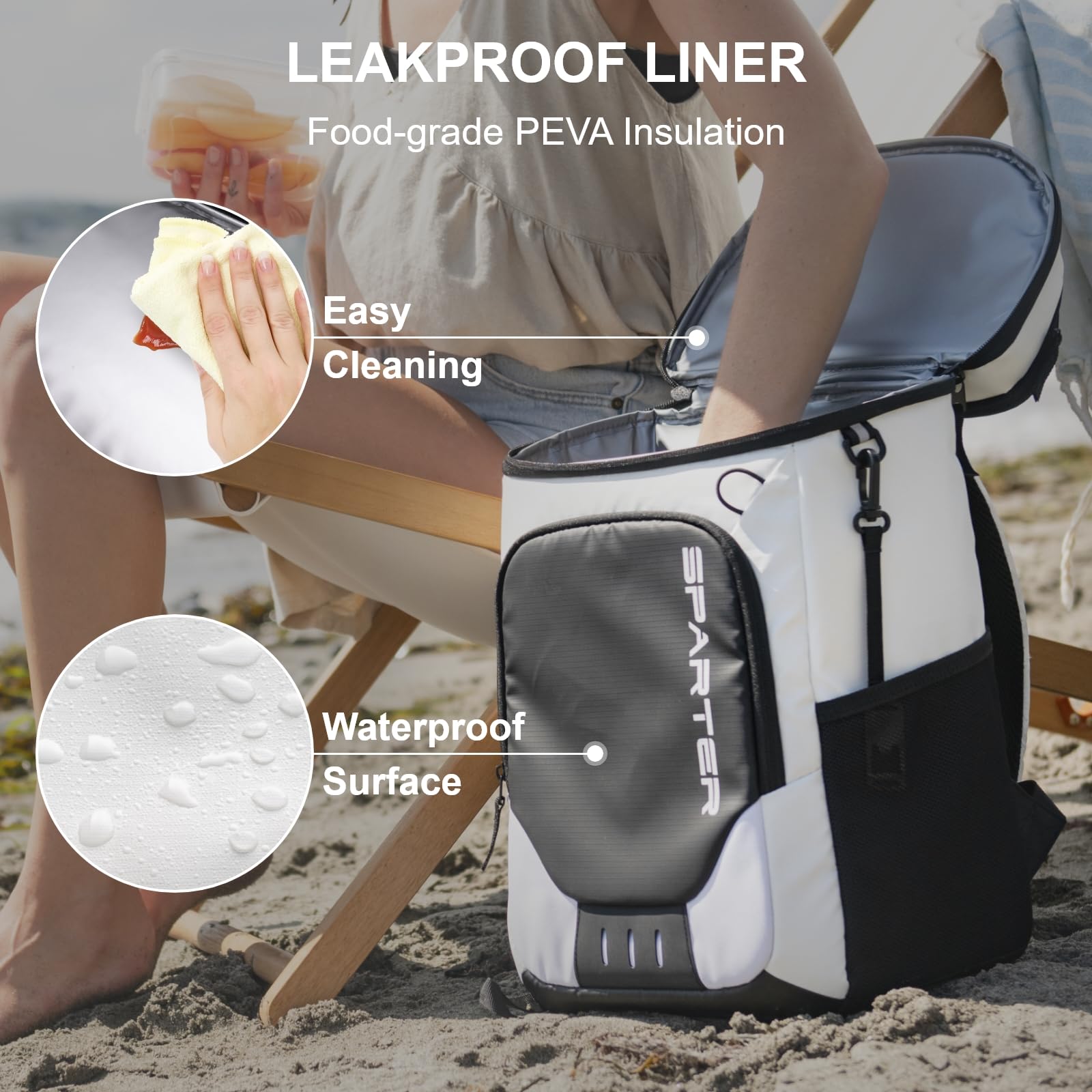 SPARTER backpack cooler sealed liner emphasizes leakproof design.