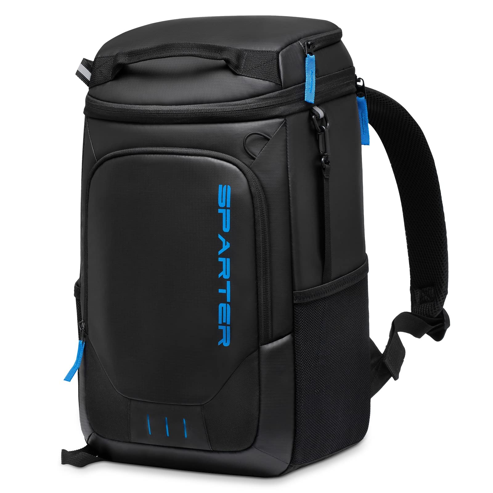 SPARTER backpack cooler closed showing dual insulated compartments for drinks and snacks, all-day cooling.