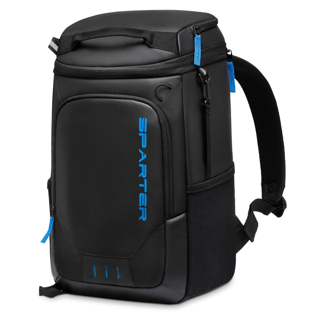 SPARTER backpack cooler closed showing dual insulated compartments for drinks and snacks, all-day cooling.