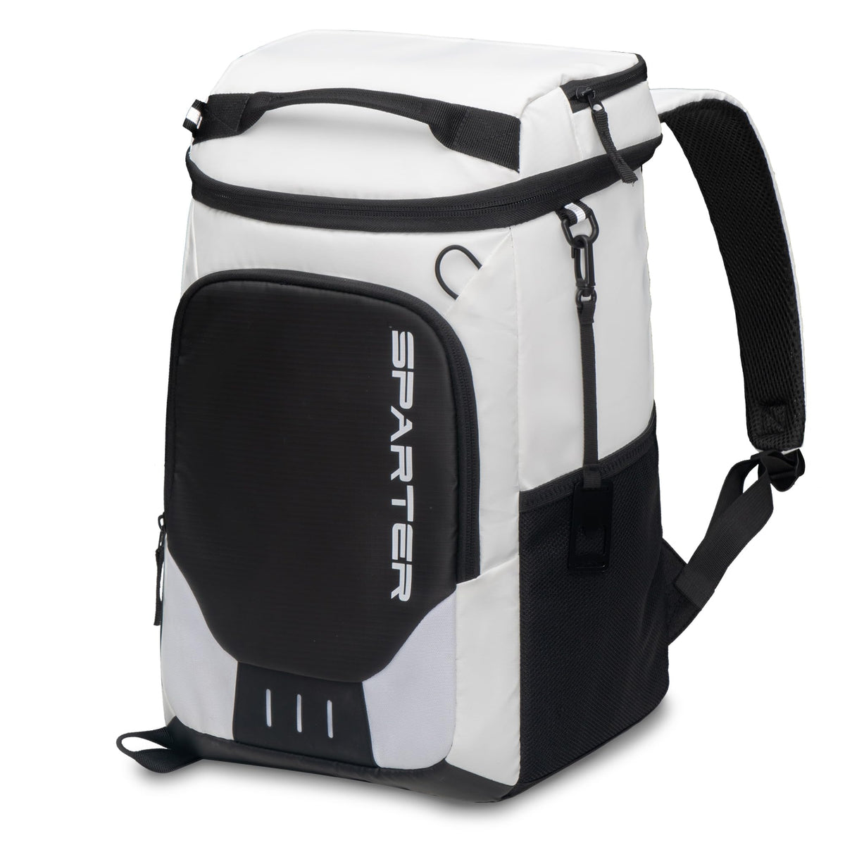 SPARTER backpack cooler front view with dual insulated compartments for drinks and snacks.