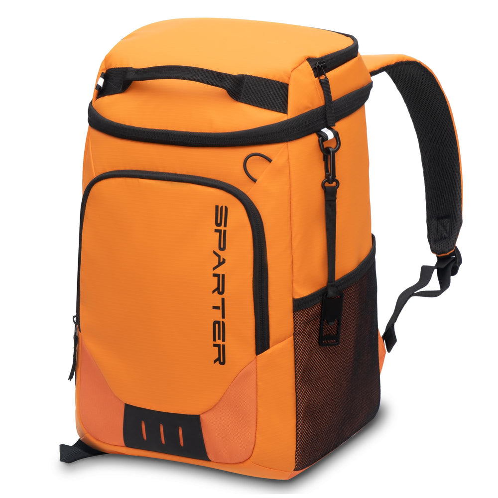 Sparter backpack cooler front view with dual insulated compartments for beverages and meals.