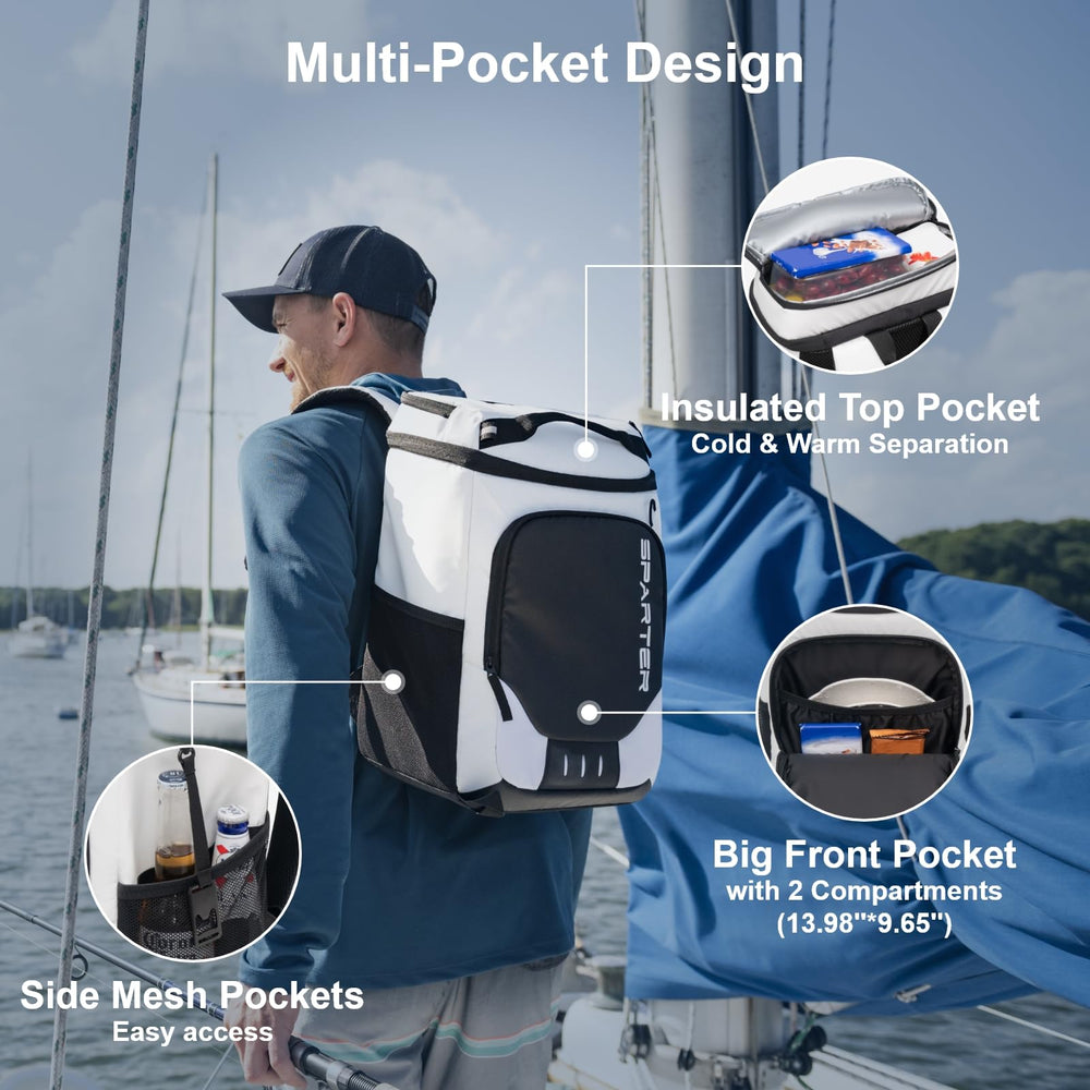 SPARTER backpack cooler side pocket detail for essentials.