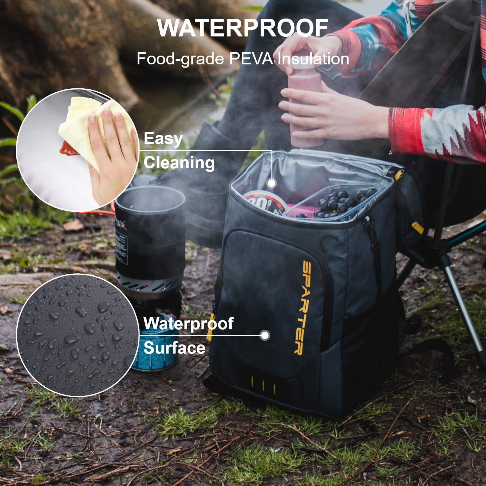 SPARTER backpack cooler waterproof material panel demonstrates durable construction