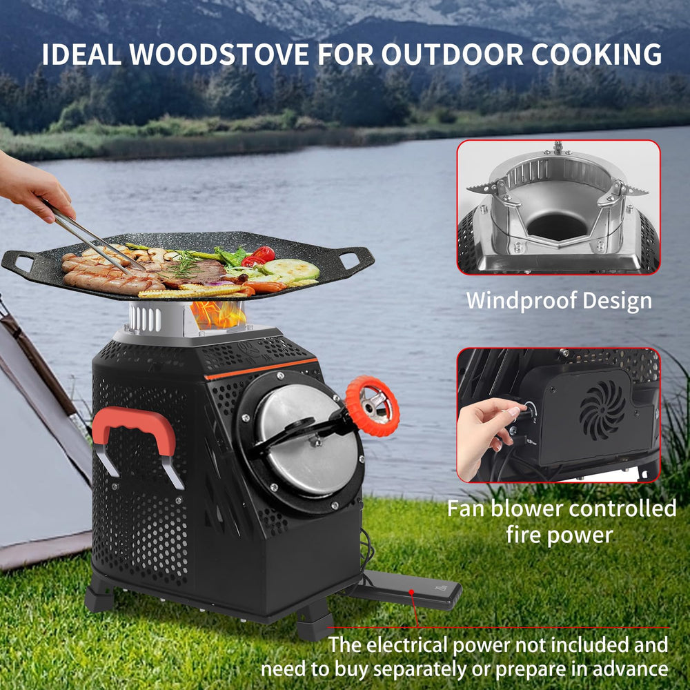SPBSVDT wood-burning camp stove side view emphasizes portable design for outdoor adventures.