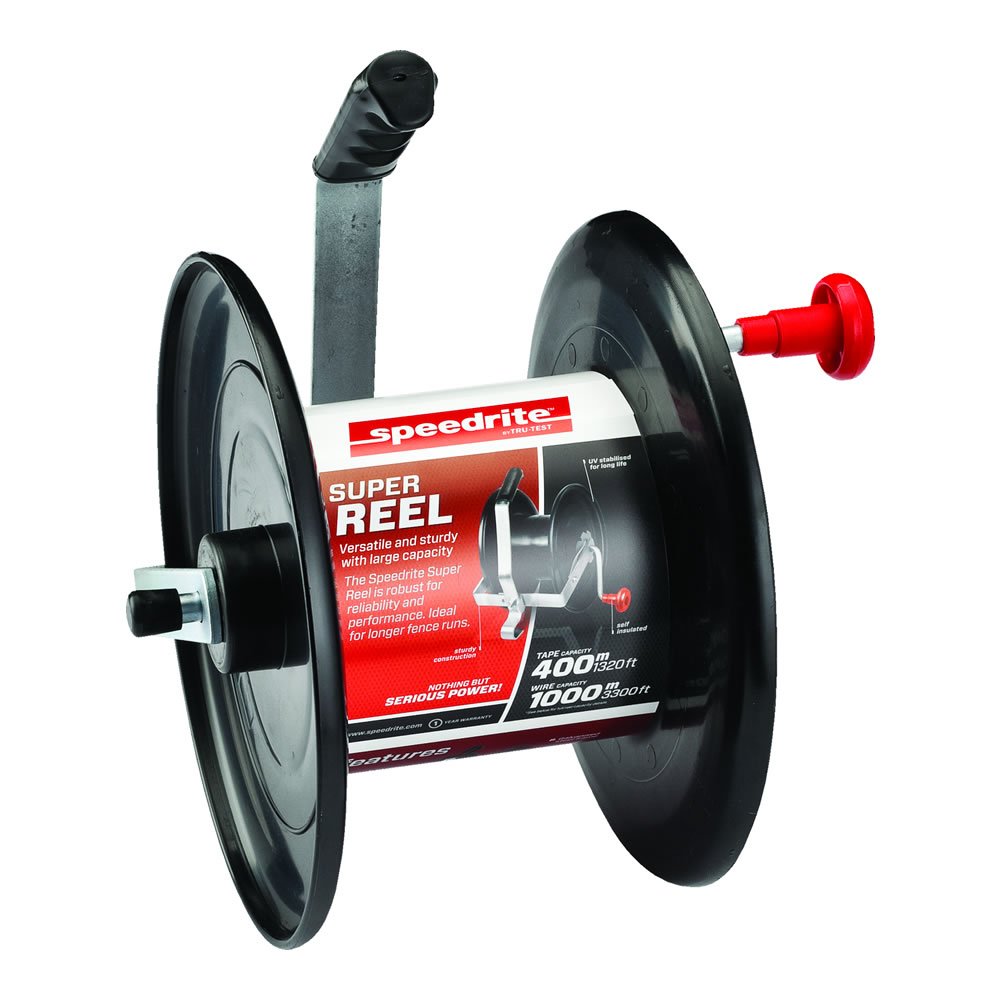 Speedrite Jumbo Reel front view shows rugged steel frame for durable, portable fencing setups.