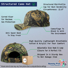 Speedy Pros camo hat embroidery detail showing durable stitching.