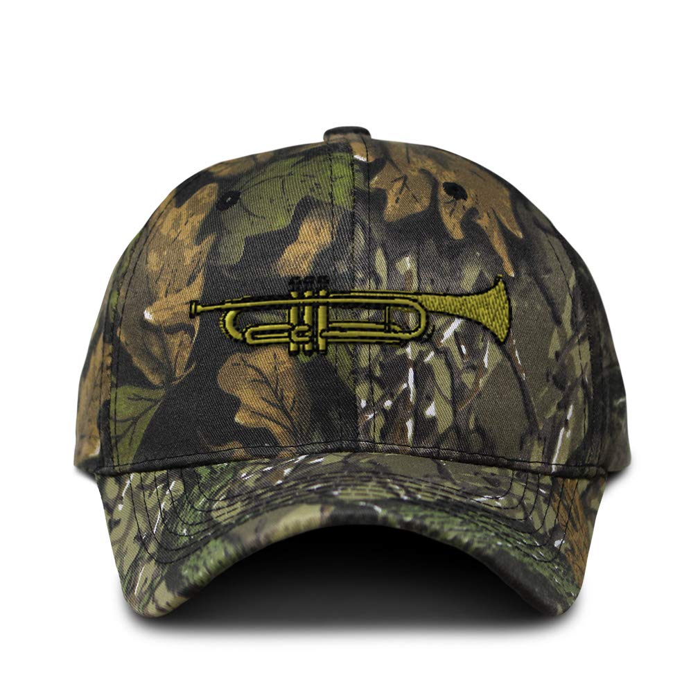Speedy Pros camo hat front view with trumpet embroidery for outdoor style.