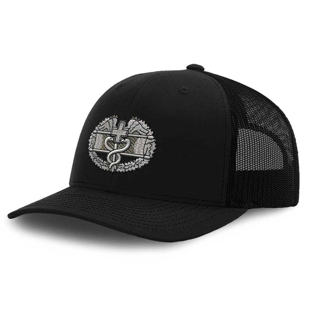 Close-up of Combat Medic Badge embroidery on black low crown mesh snapback hat