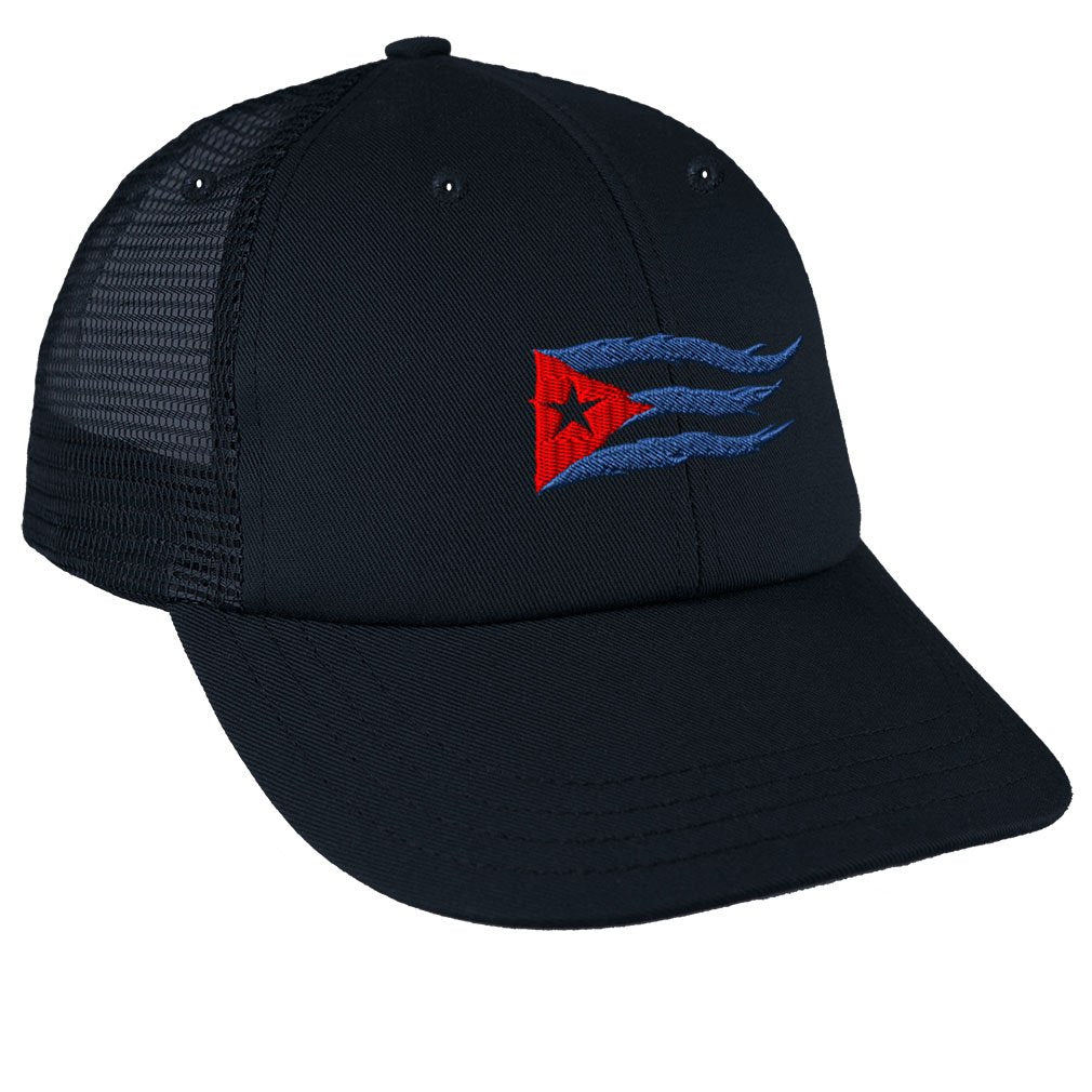 Speedy Pros Cuba flag flame embroidery on a navy hat, bold casual style and sun protection.