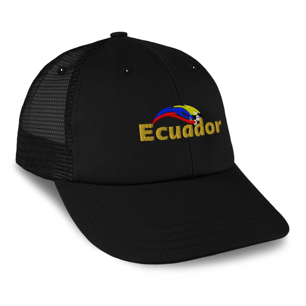 Speedy Pros Ecuador soccer cup trucker hat front view showing embroidered design on black cap