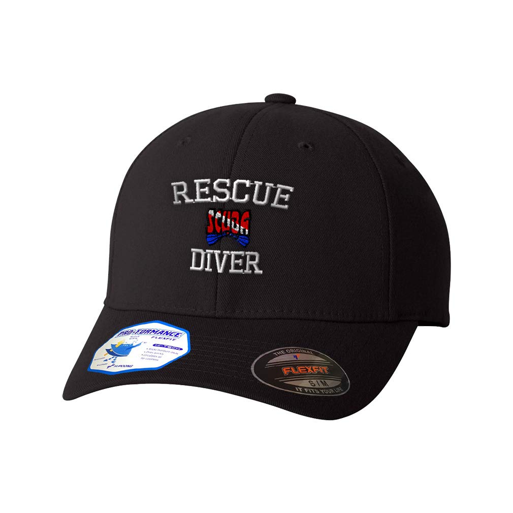 Speedy Pros flexfit rescue diver embroidery black cap showcases detailed scuba logo for stylish outdoor wear.