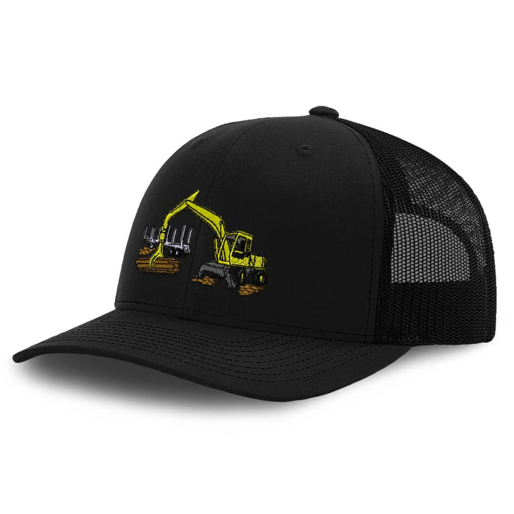 Speedy Pros Logging Excavator embroidery hat with bold outdoor design.