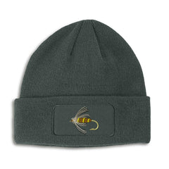 Speedy Pros patch beanie with fishing fly embroidery for outdoor anglers.