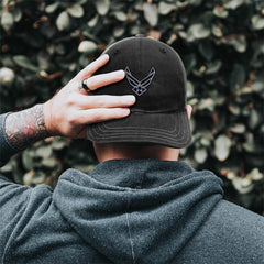 Close-up of Air Force emblem stitching on the cap.