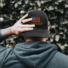 Speedy Pros Richardson cap embroidery detail featuring Chaplain design for faith-inspired casual style.