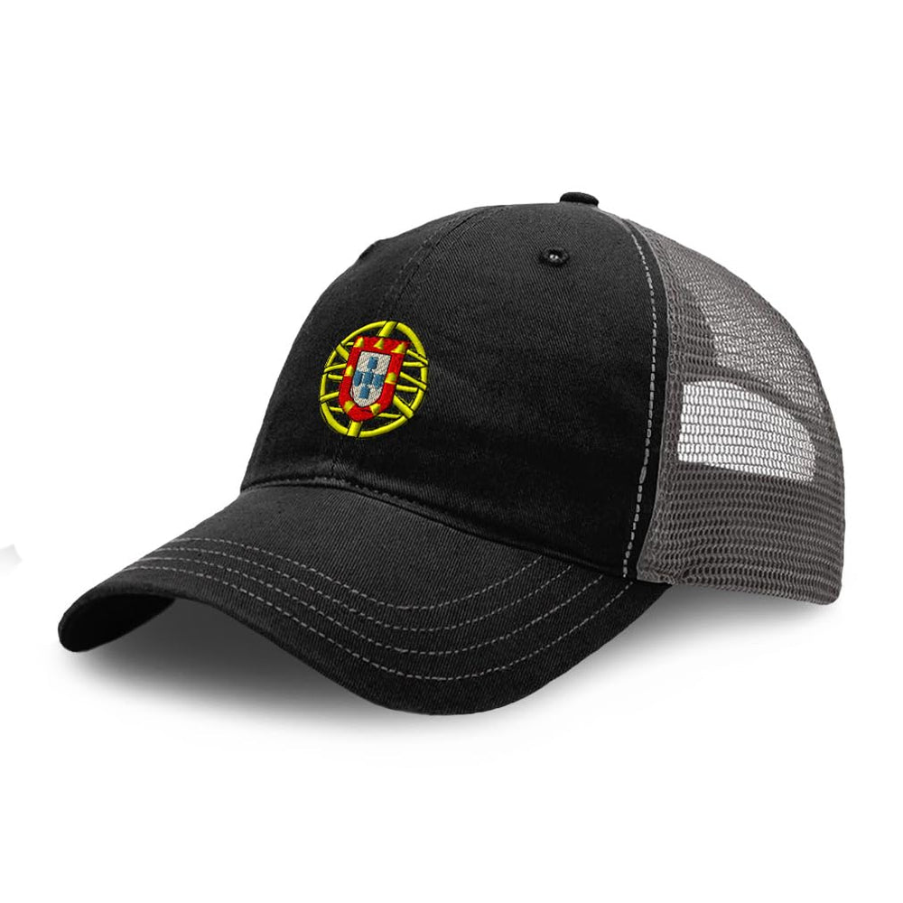 Speedy Pros trucker hat with Portugal flag embroidery, front view for bold style.