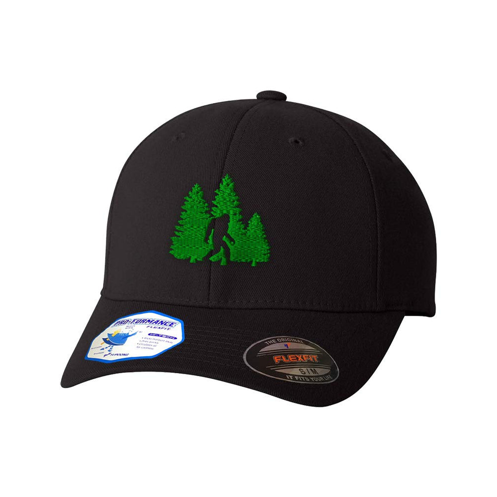 Speedy Pros Woods Bigfoot A Embroidery front view on a black Flexfit cap for outdoor style.