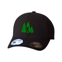 Speedy Pros Woods Bigfoot A Embroidery front view on a black Flexfit cap for outdoor style.
