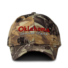 Speedy Pros camo baseball cap with Oklahoma Sooners forest pattern for sun protection.