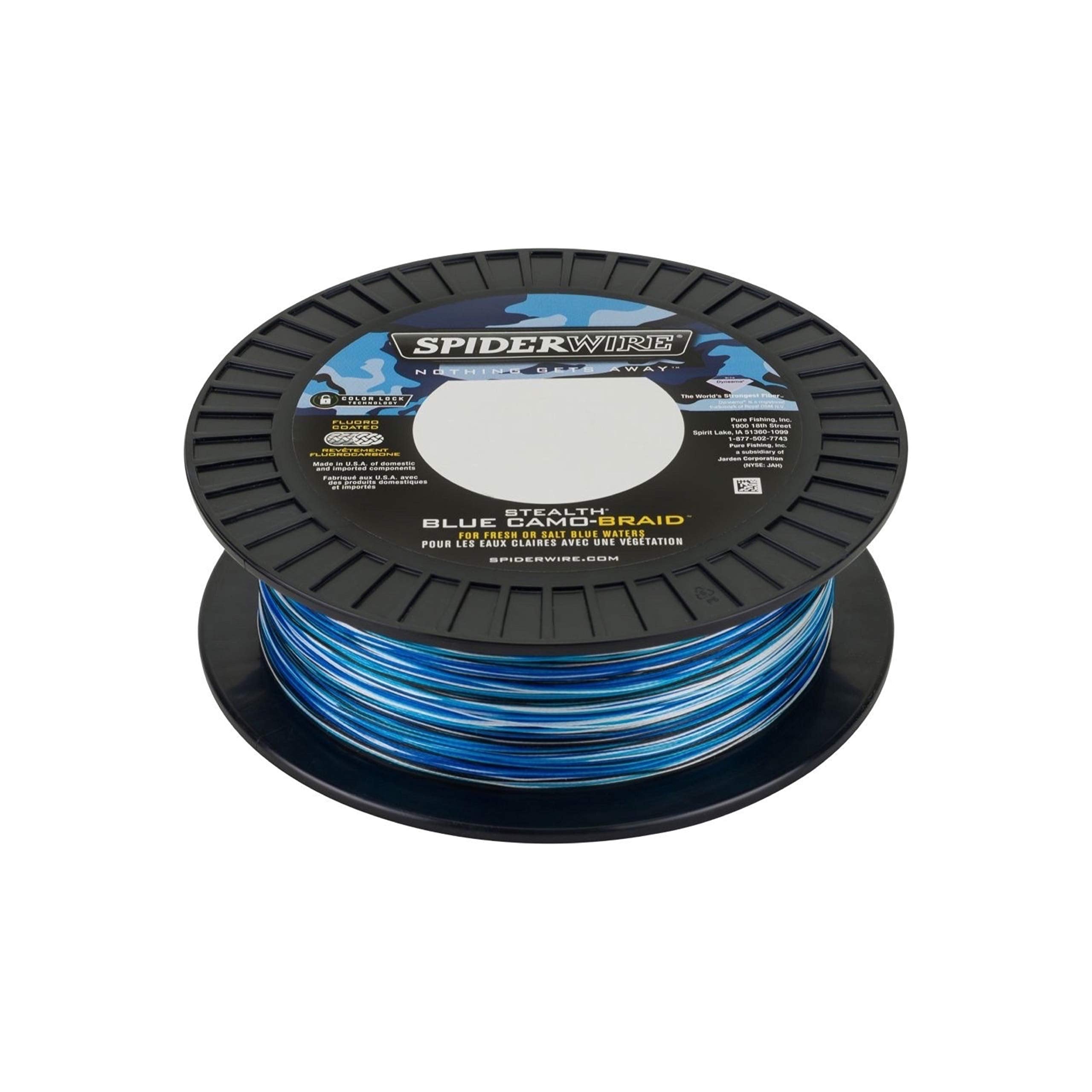 SpiderWire Stealth Blue Camo braid on a spool showing camouflage and strength