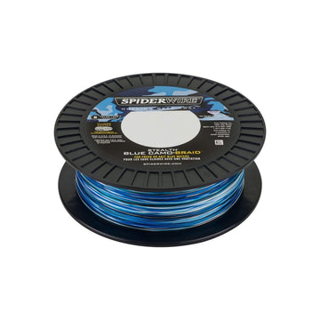 SpiderWire Stealth Blue Camo braid on a spool showing camouflage and strength