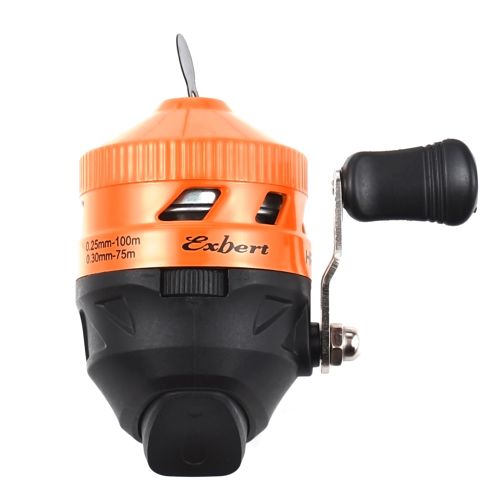 Orange spincast fishing reel with right-hand retrieve