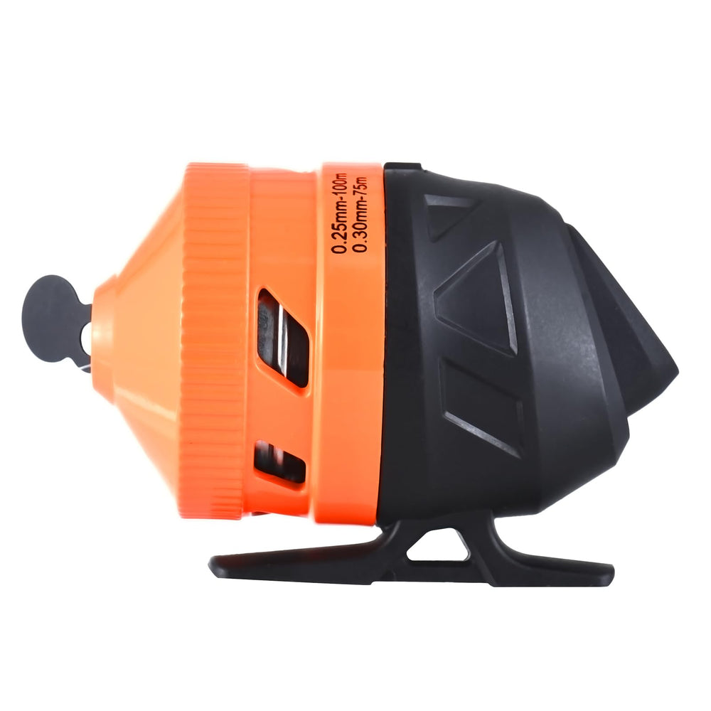 Close-up of durable spincast reel showing push-button design