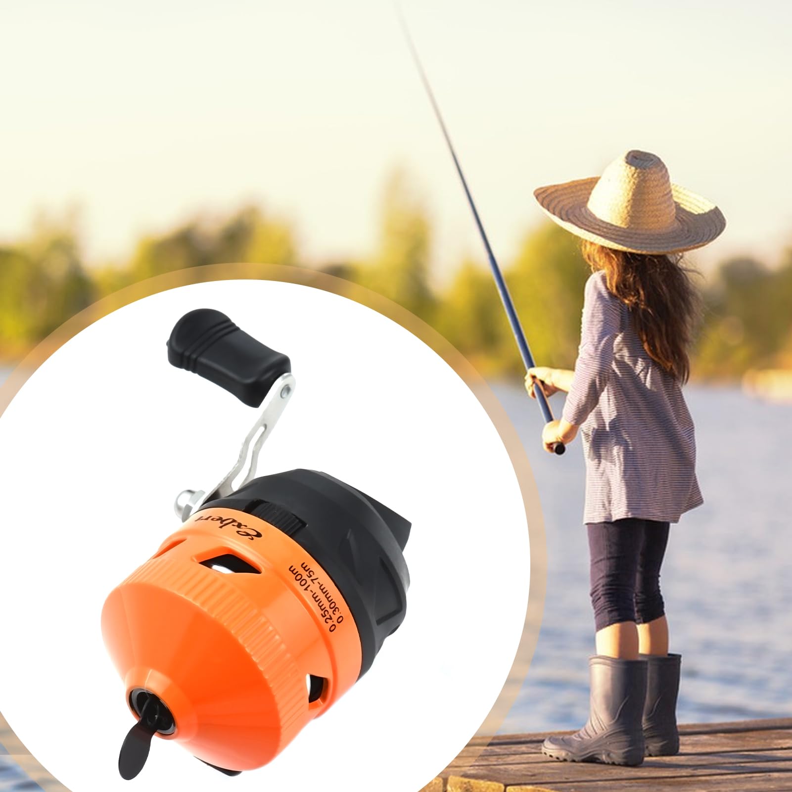 Product shot of orange spincast reel with compact body