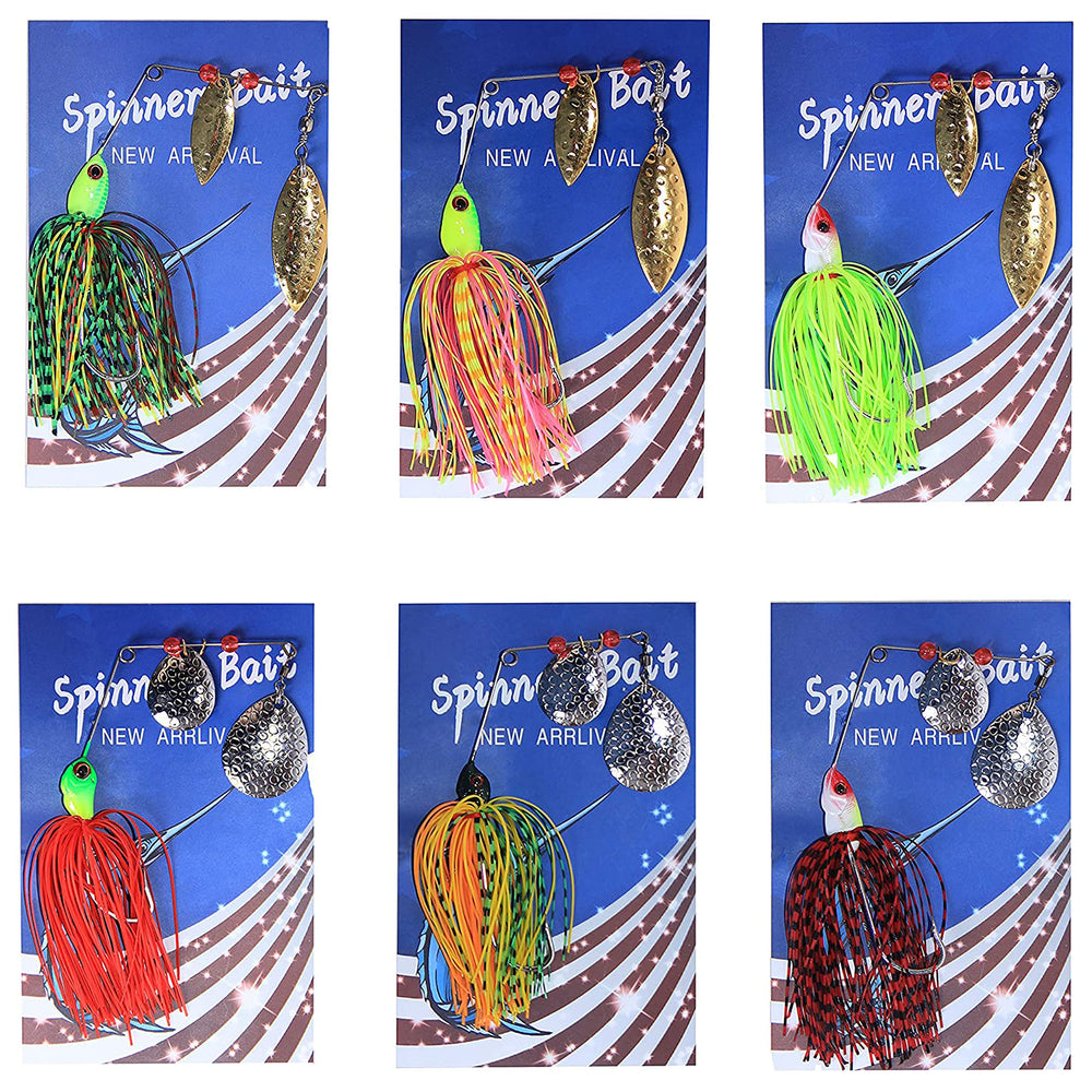 Assorted color spinner lures displayed in kit